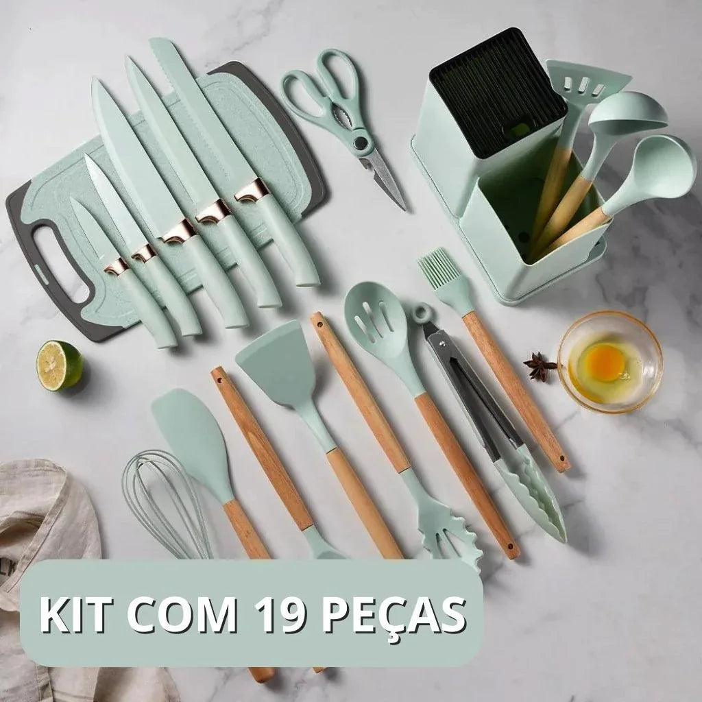 Kit de Cozinha 19 Utensílios em Silicone Premium - NÃO MANCHA E NÃO PEGA MOFO